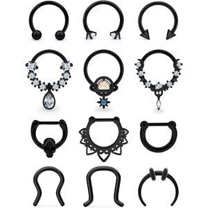 12Pcs Septum Rings Piercing Jewelry 16G Surgical Steel Hoops Black 10mm